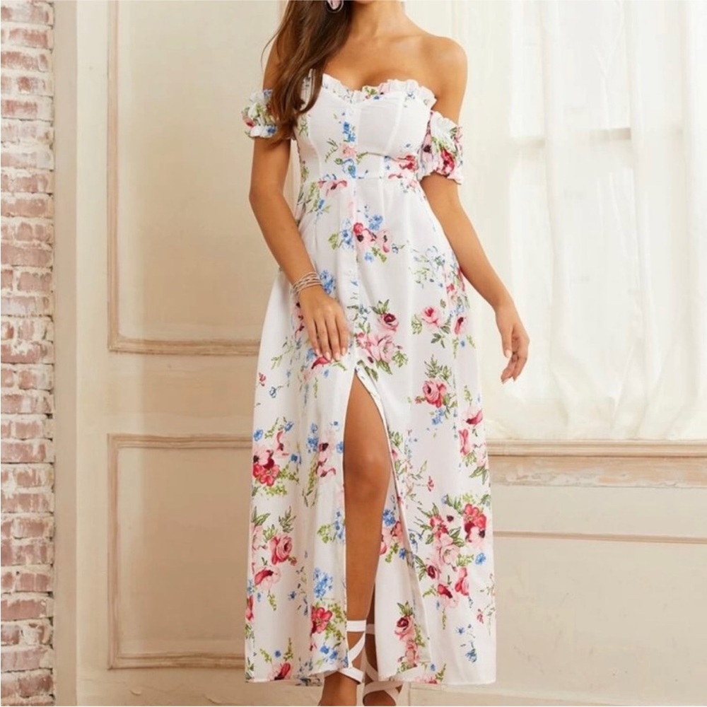 SBetro Floral Off The Shoulder Ruffle Button Down Maxi Dress 🌵Medium